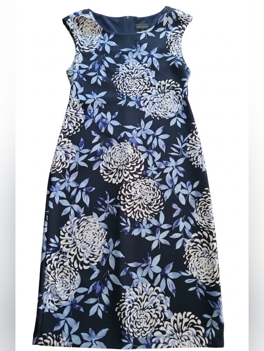 Connected Apparel Navy Floral Chrysanthemum Sheath Dress Size 10 NWOT